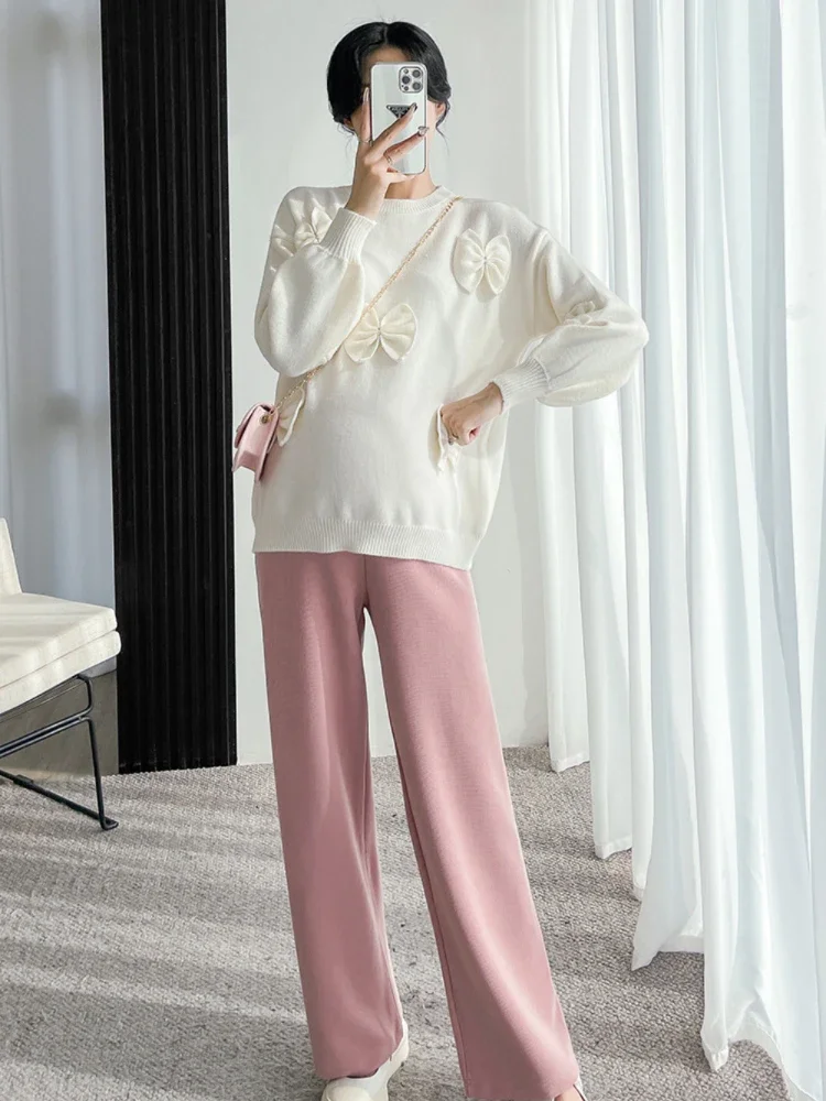 Winter Fashion Maternity Sweaters Korean Bowknot Sweater long sleeve Belly Pregnant Woman Clothes pregnancy photoshoot Sweater