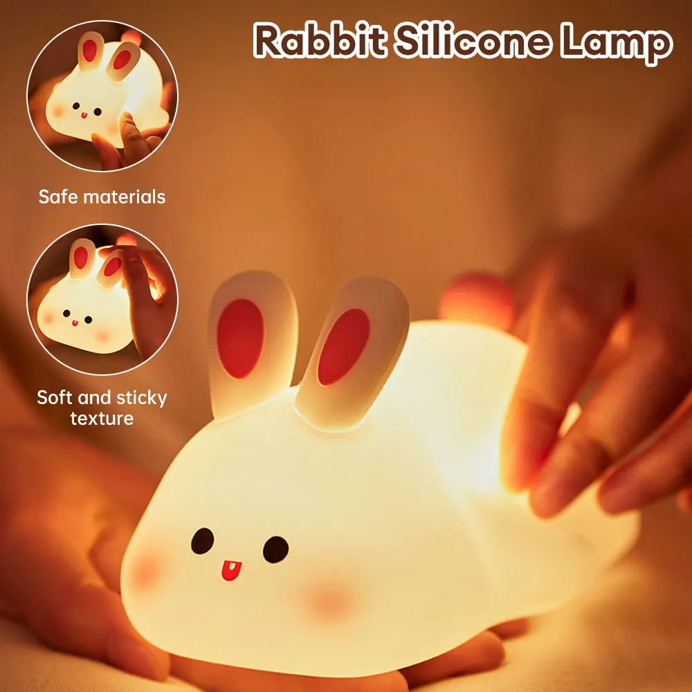 Veilleuse LED Rechargeable par USB avec Capteur Tactile pour Enfant, Grand Visage de Lapin Mignon, Timing, Décoration de Chambre à Coucher, Cadeaux d'Anniversaire