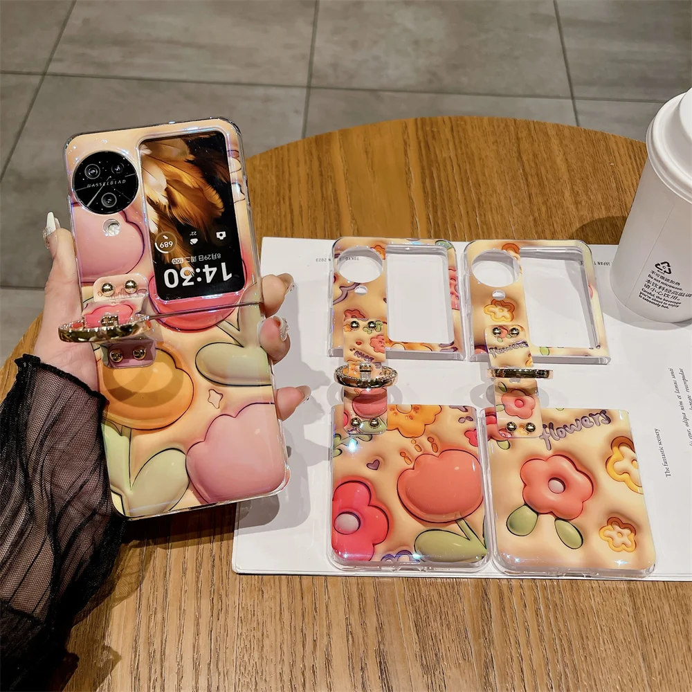 Ring Blue-ray 3D Flower Phone Case For OPPO Find N2 N3 Flip PC Protective Shell Cover