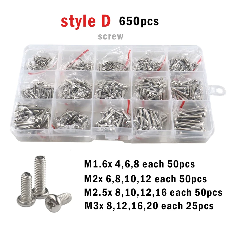 

400/2100pcs M1.6 M2 M2.5 M3 M4 M5 304 Stainless Steel Cross Phillips Pan Round Head Electronic switch Screw Bolt Set Kit Box