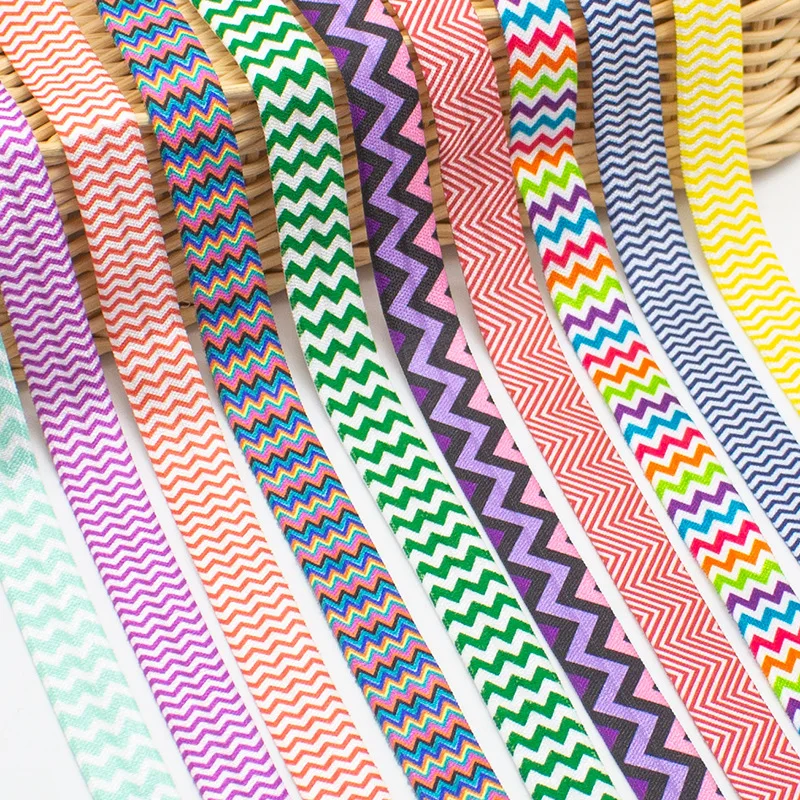 

Wholesale High Quality 5/8'' 15mm Heat Transfer Colorful Wave Chevron FOE Fold Over Elastic Ribbon For Hair Ties DIY Sewing