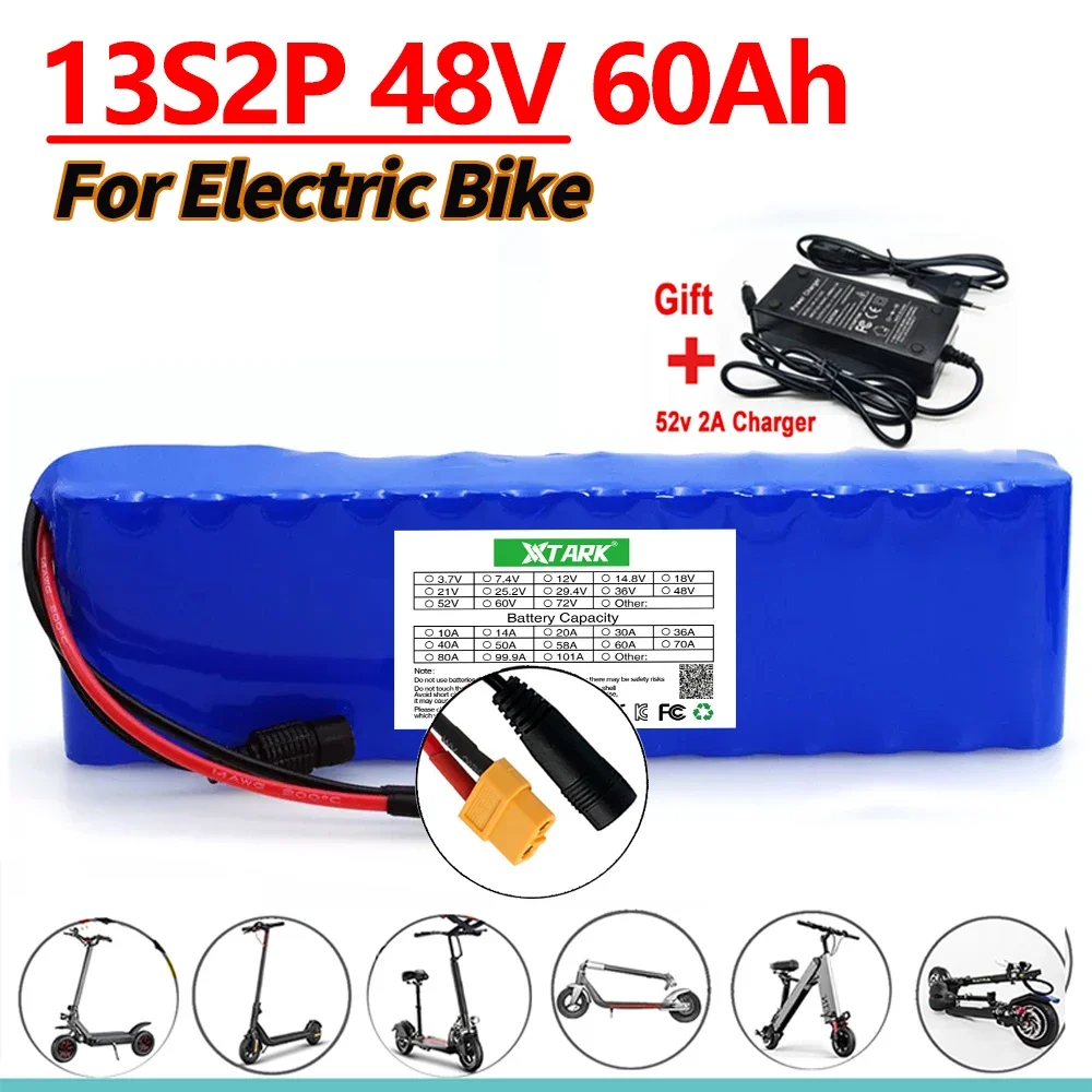 

High Capacity 13S2P 48v 60Ah 18650 Li-ion Battery for Bafang Electric Bike Retrofit Kit 1000w 54.6V 2A Charger + XT60 / DC Plug