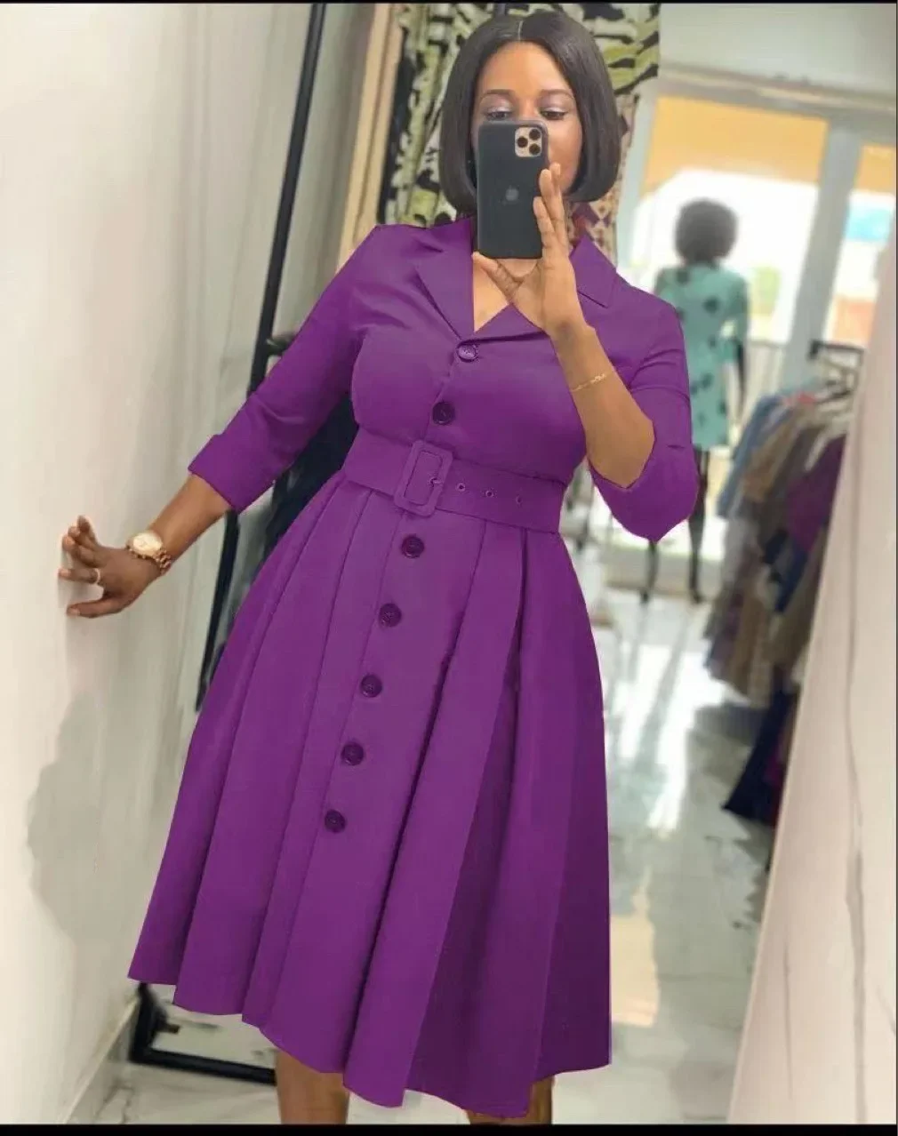 African Dress for Women Spring Autumn V-neck Polyester Solid Color Knee-length