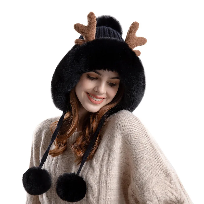 

2023New Cute Fur Ball Christmas Antler Knitted Woolen Hat Winter Street Casual Women's Thickened Warm Plush Pullover Bomber Hats