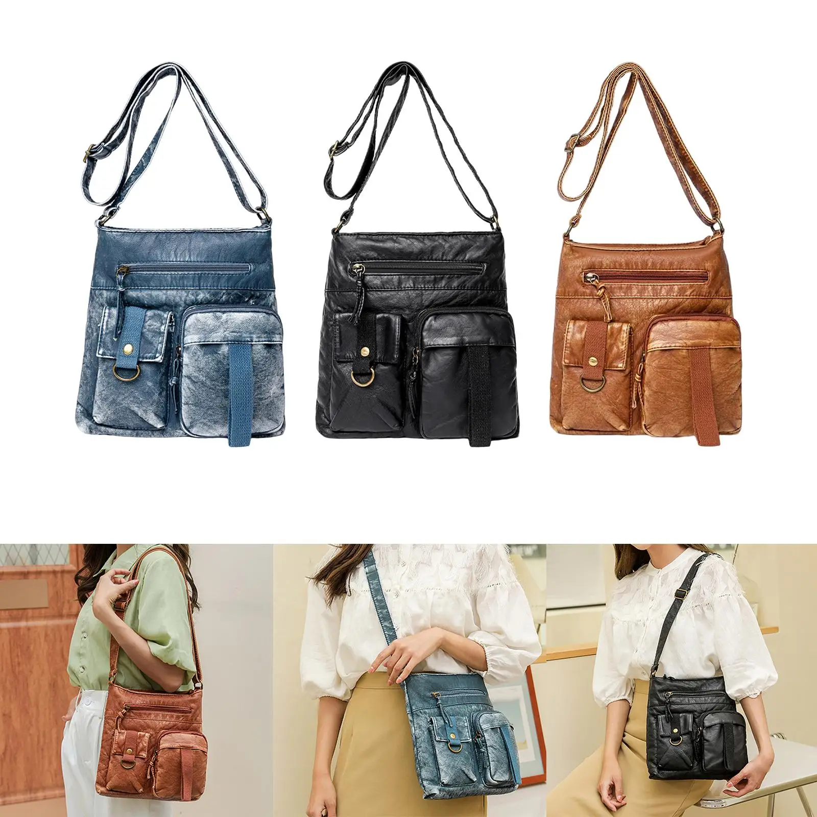 Women Bag PU Leather Messenger Bag Purse Medium Multi Pockets leather handbag women handbags