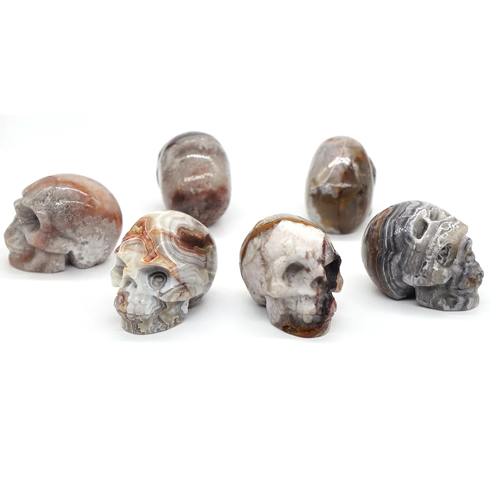 

2" Mexican Agate Skull Statue Natural Stone Carved Healing Crystal Reiki Ornament Halloween Supplies Gems Wicca Home Decoration