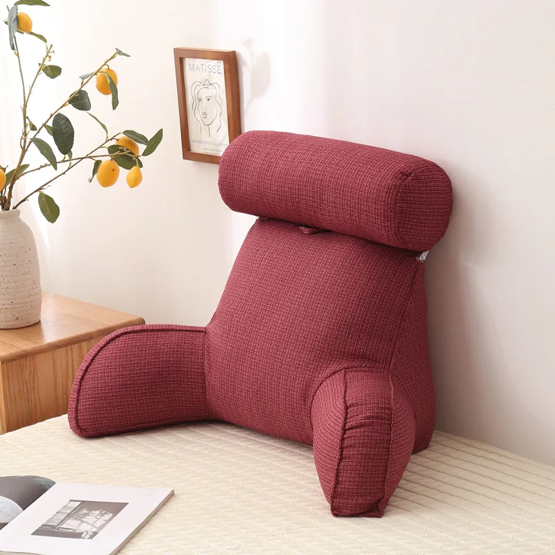 Linen Reading Pillow with Armrests and Round Pillow Pearl Cotton Inner Core Detachable Multifunctional Big Waist Pillow 