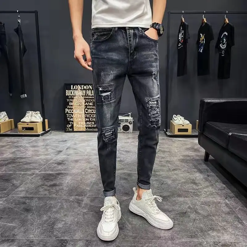 Social Slim Pencil Pants Pothole Ripped Jeans Men's Nine Points Korean Beggar Pants Leisure Spring Autumn Hip-hop Jeans