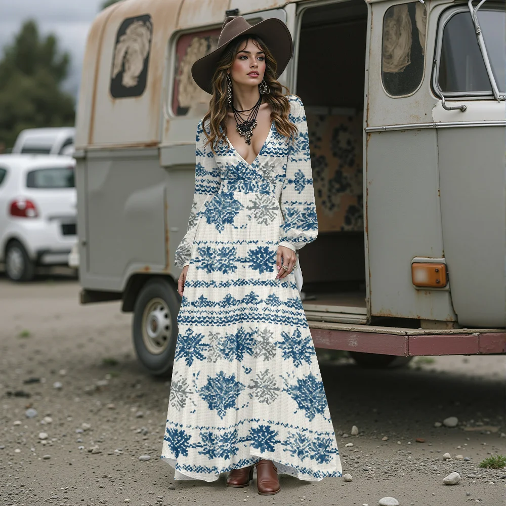 Feenhaftes Maxikleid im Urlaubsstil, weißes Chiffonkleid für Damen, blaues Schneeflockendruck, böhmisches Kleid mit Puffärmeln und tiefem V-Ausschnitt. Urlaub