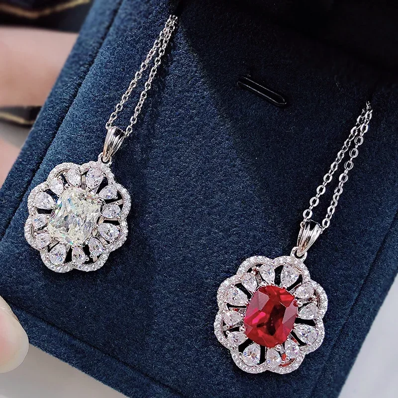 

New S925 Silver Simulation Ruby Pendant Necklace Jewelry European and American Style Ladies Necklace