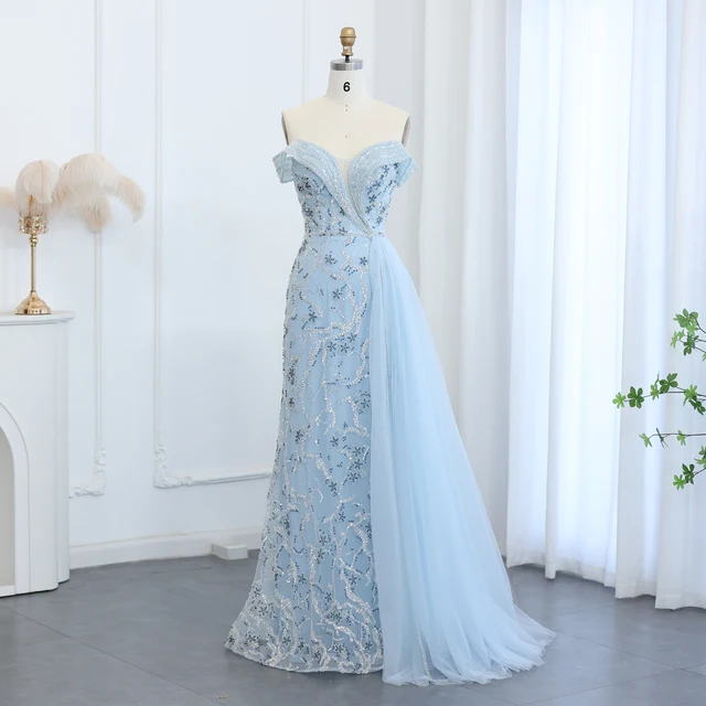 Elegant Off Shoulder Mermaid Lilac Evening Dress with Overskirt 2024 Plus Size Women Blue Wedding Party Gown 055 2
