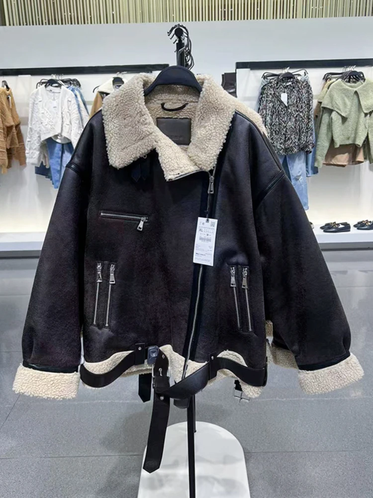 

FTLZZ New Winter Women Thick Faux Lamb Leather Jacket Streetwear Lapel Zipper Pu Coat with Belt Casual Warm Motorcycle Outwear