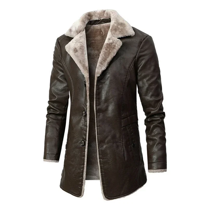 Men Winter Long Thick Fleece PU Leather Jacket Fashion Suit Collar Windbreaker