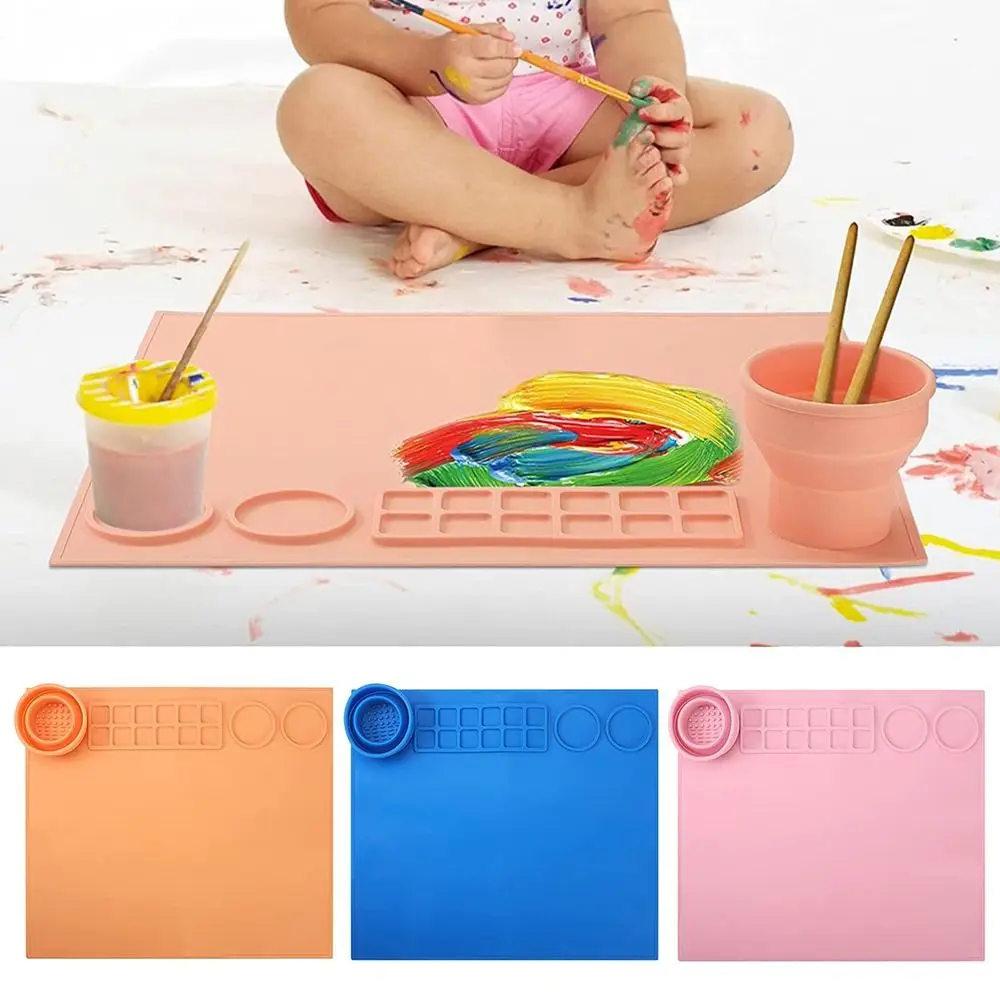 Kids Multifunctional DIY Silicone Drawing Board Graffiti Painting Mat Oil Painting Board Clay Mat with Cup and Paint Holder