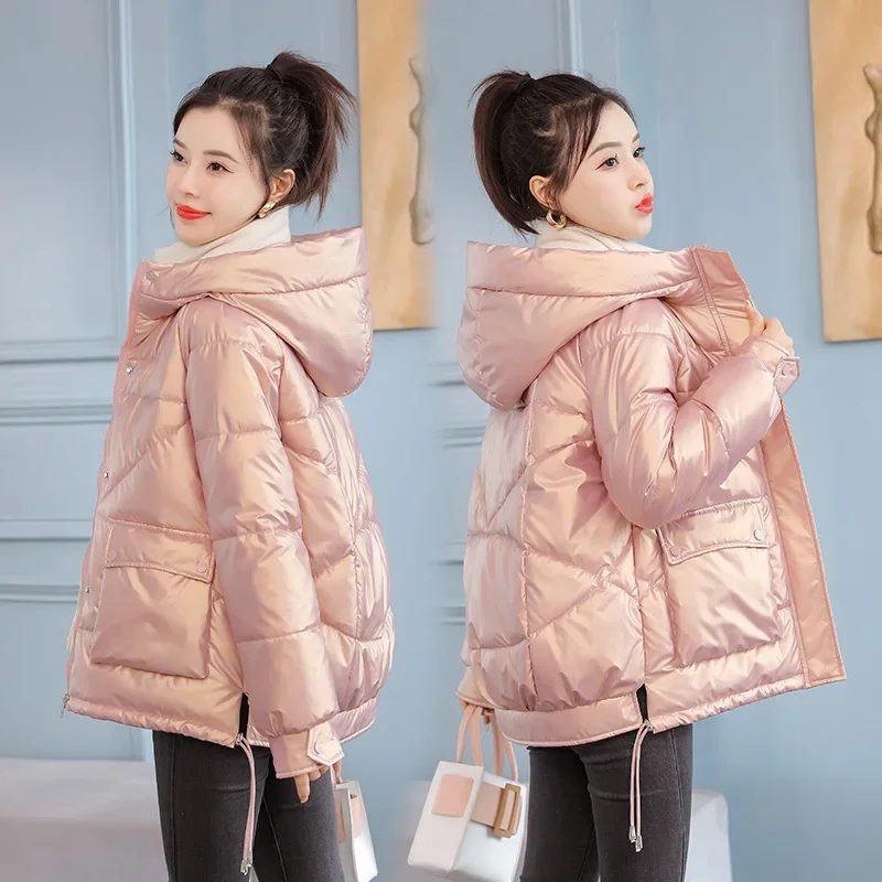2023 New Women Jacket Winter Glossy Parka Coat Loose Basic Coat Hooded Cotton Padded Female Parkas Student Jackets Outwear