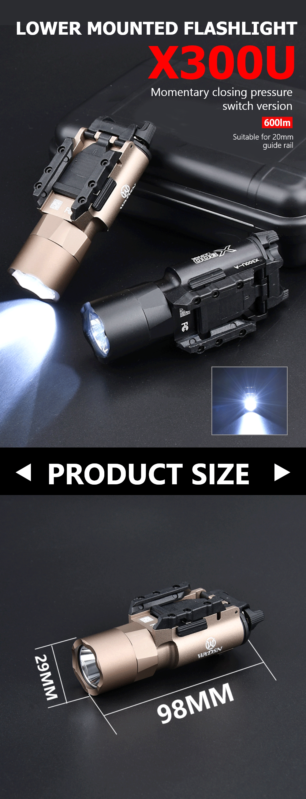 HWZ X300 Lampe torche LED pour pistolet et airsoft avec système de montage  Picatinny pour la chasse (Noir) : : Sports et Plein air