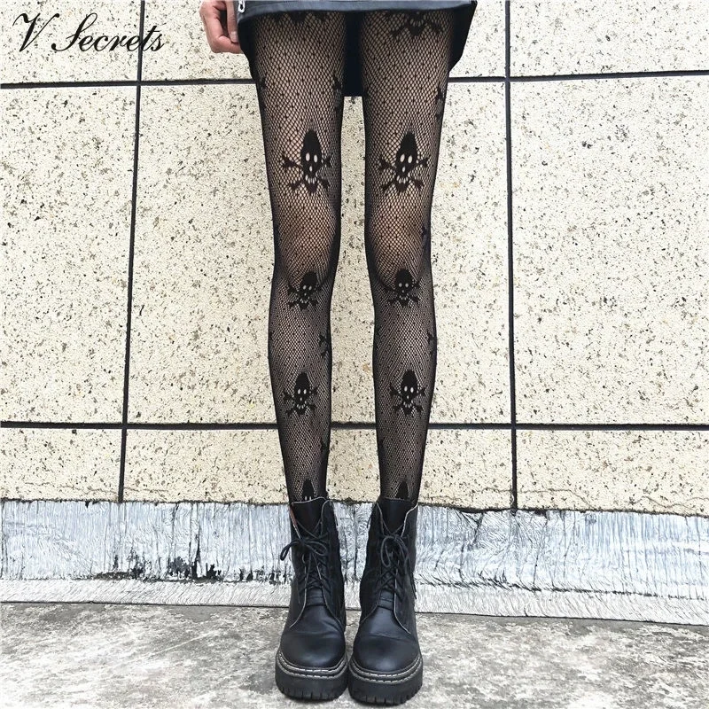 

Black Skull Tights Stockings Sexy Hollow Mesh Calcetines Fish Net Stockings Female Club Party Fishnet Anti-Snagging Pantyhose