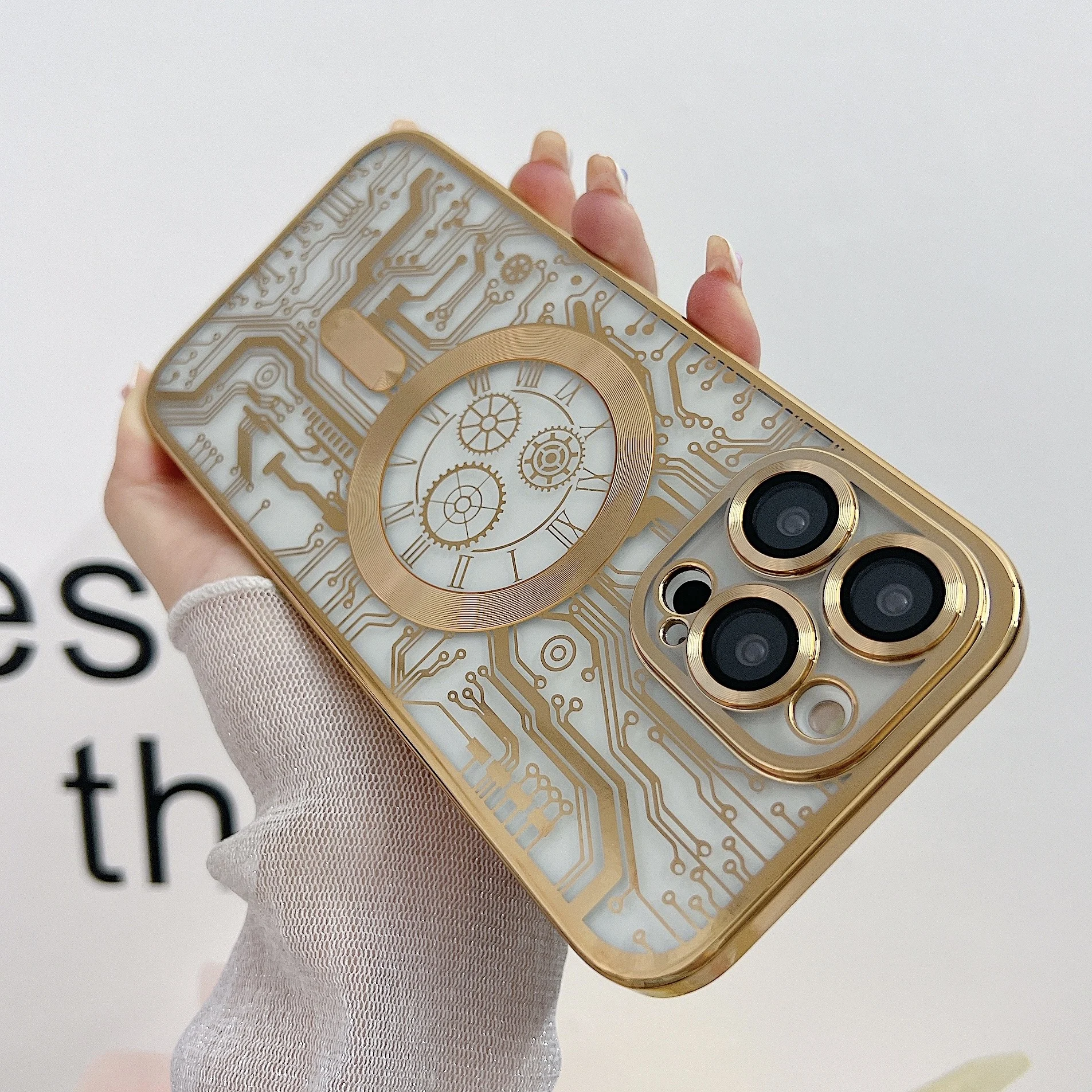 Luxury Plating Gilt Mechanical Watch Pattern Magnetic Phone Case For iPhone 14 13 12 11 Pro Max 14 Plus Magsafe Protector Cover_voghion.com