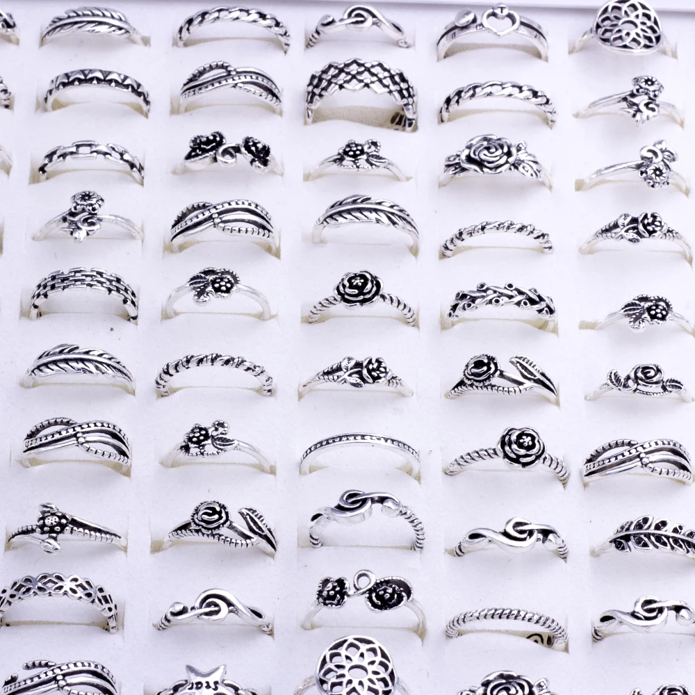 100 Pcs/Lot Vintage Bohemia Carved Flower Geometric Rings for Women Mix Style Antique Silvery Ethnic Jewelry Party Gift Wholesal