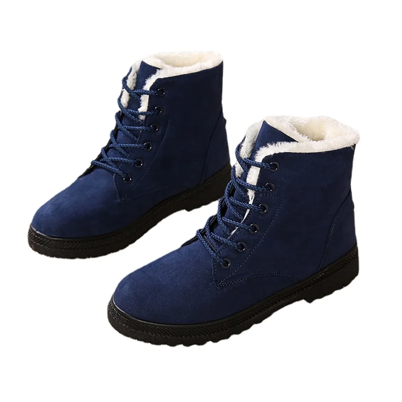 2023 High Quality Women's Shoes Winter Plush Warm Mid-Calf Women's Boots Solid Color Round Toe Lace Up Low-heeled Shoes Women