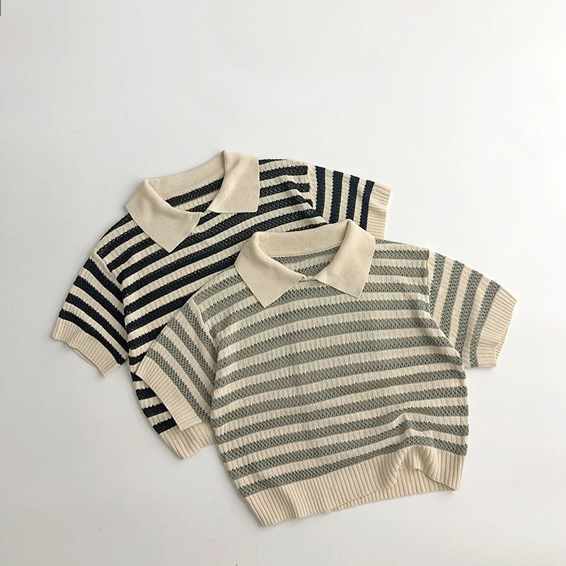 

Children's Knitted Casual Shirts 2023 Summer New Cool Girl's Knitted Tops Striped T-shirts Retro Style Boy's Knitted Tops