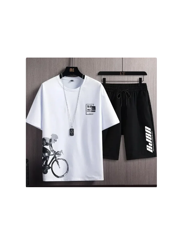 

Summer Men's Casual Sports Suit Bicycle Printed Sports Outdoor Jogging Sweatshirt Sweatpants Breathable Quick Drying 2 Piece Set