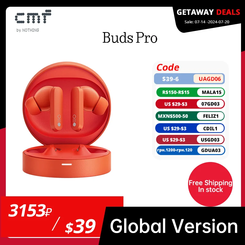 

Global Verison CMF by Nothing Buds Pro with 45 dB ANC Ultra Bass Technology up to 39 hours of battery life Bluetooth earphone