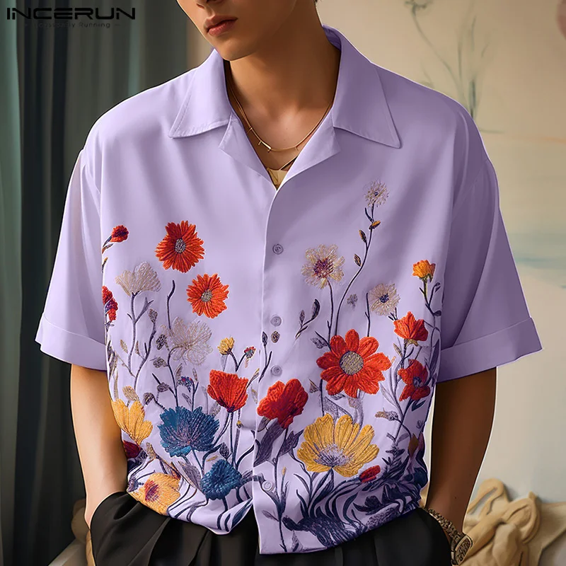 

INCERUN Tops 2024 Korean Style New Men Personalized Floral Print Pattern Design Shirts Casual Fashion Short Sleeved Blouse S-5XL