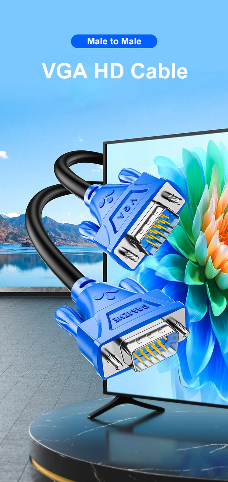 SAMZHE 1080P VGA Kabel Doppel mit Ferrit Ringe Kabel 3 + 6 D-SUB für Projektor Monitor – Detail 1