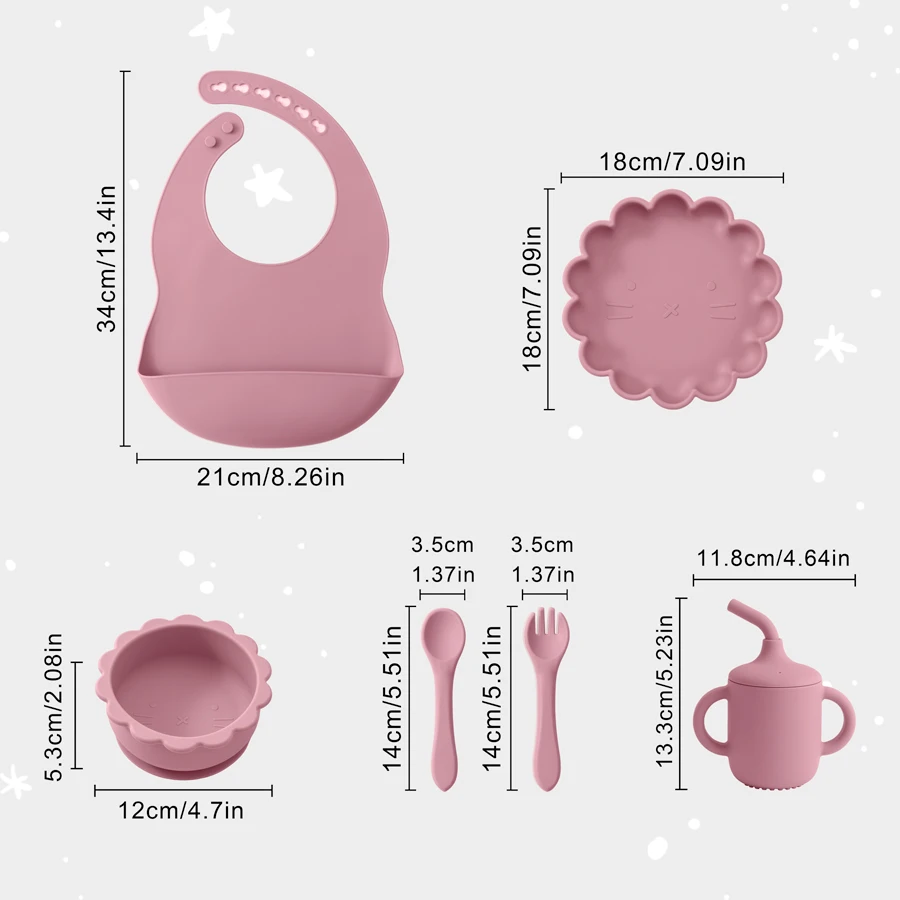Color Kids Baby Feeding Set Solid Color Utensils Waterproof Bib Cartoon Lion Shape Sucker Dishes Plate Feeding Bowl Spoon Cup 6
