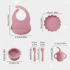 Color Kids Baby Feeding Set Solid Color Utensils Waterproof Bib Cartoon Lion Shape Sucker Dishes Plate Feeding Bowl Spoon Cup 6