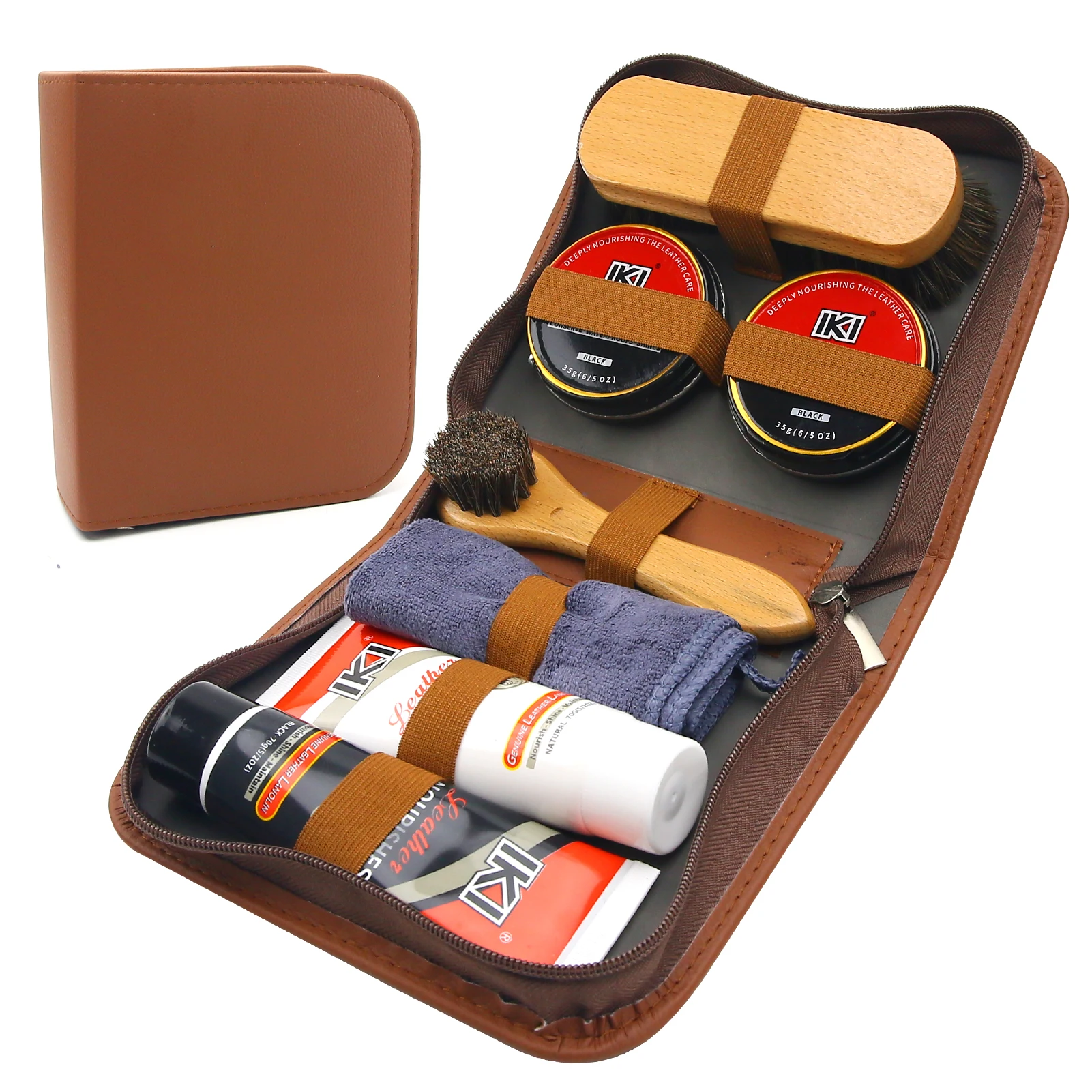 Leather Shoe Care Kit Colorless & Black Lanolin Wax Brushes Cloths