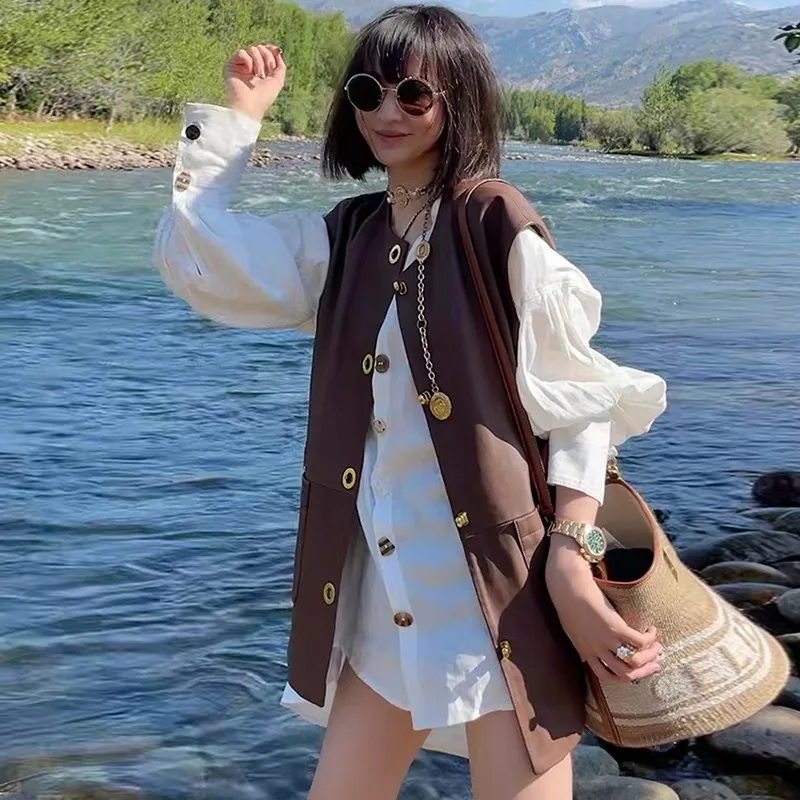 2023 Spring New Leather Sheep Leather Vest Women Casual Loose All-Matching Jacket E5