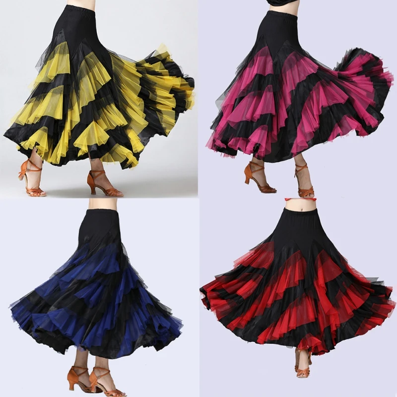 New Women's Modern Ballroom Dance Big Swing Skirt Elegant Satin Multi-Layer Color Matching Waltz Tango Latin Dancedress