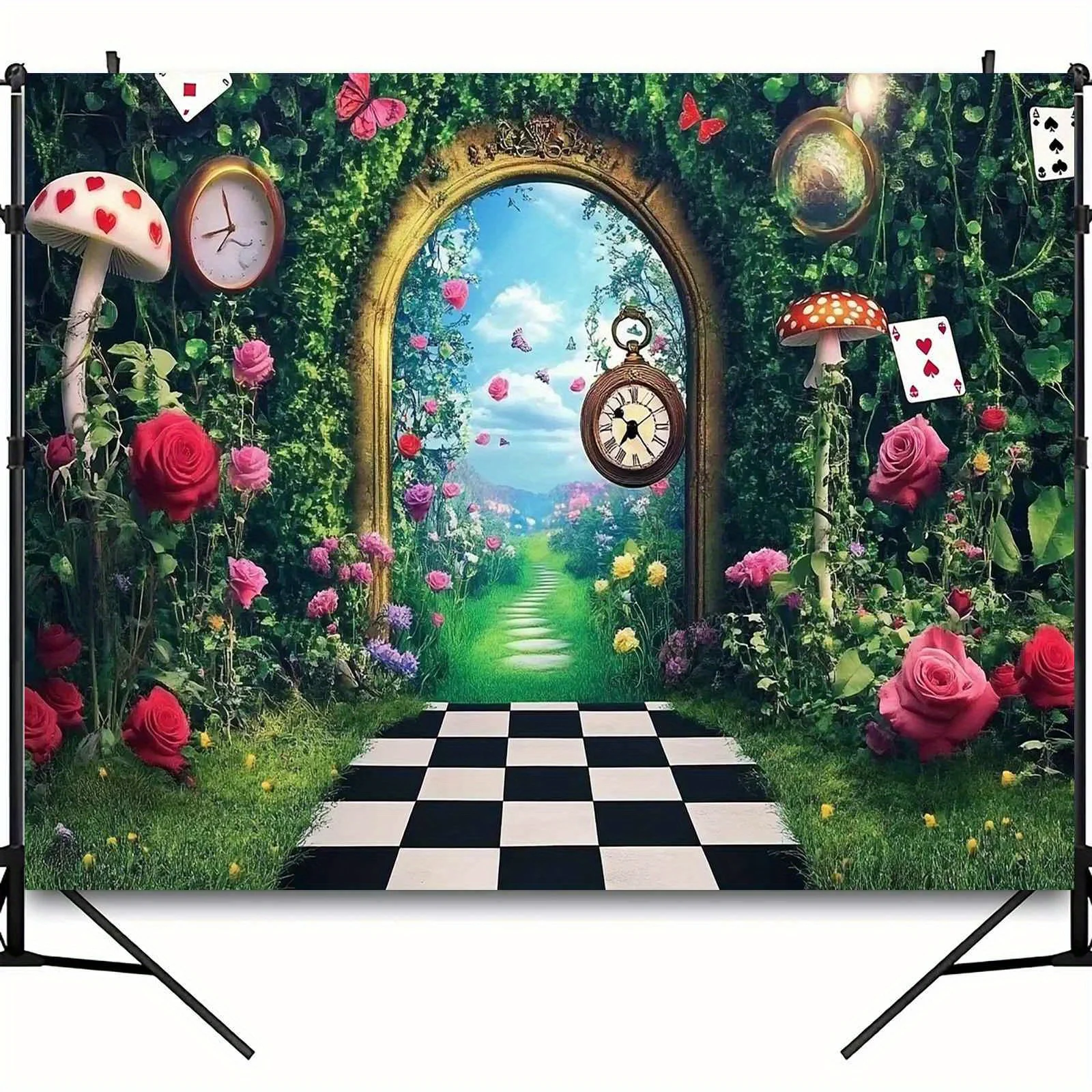 1 bezauberndes Wunderland-Hintergrundtuch, mit Schloss, Kaninchen- und Blumenszene – geeignet zum Geburtstag, Freundenraffung – Detail 6