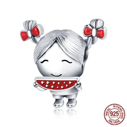 100% 925 Sterling Silver Cute Little Girl Eating Watermelon Charms Fit Original 3mm Bracelet&Bangle For Women Jewelry Gift