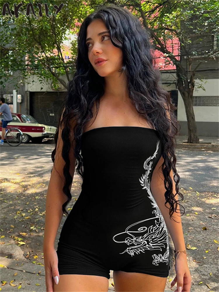 

Akaily Summer Black Dragon Print Bodycon Rompers Casual Sporty For Woman 2024 Streetwear Strapless Backless One Piece Playsuit