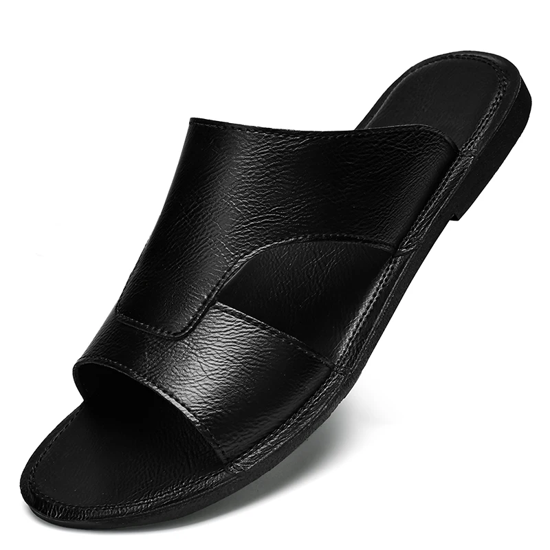 Genuine Leather Sandals for Men Black Slippers