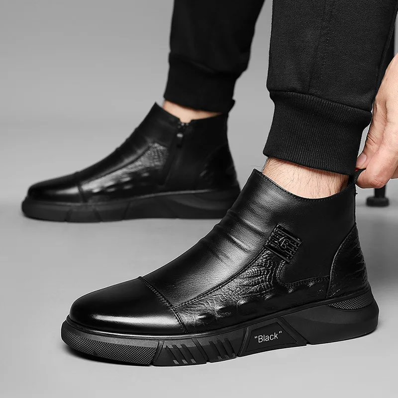 Winter Men Ankle Boots Crocodiles Pattern Fashion HighTop British Style Ninja Plush Cotton Shoes