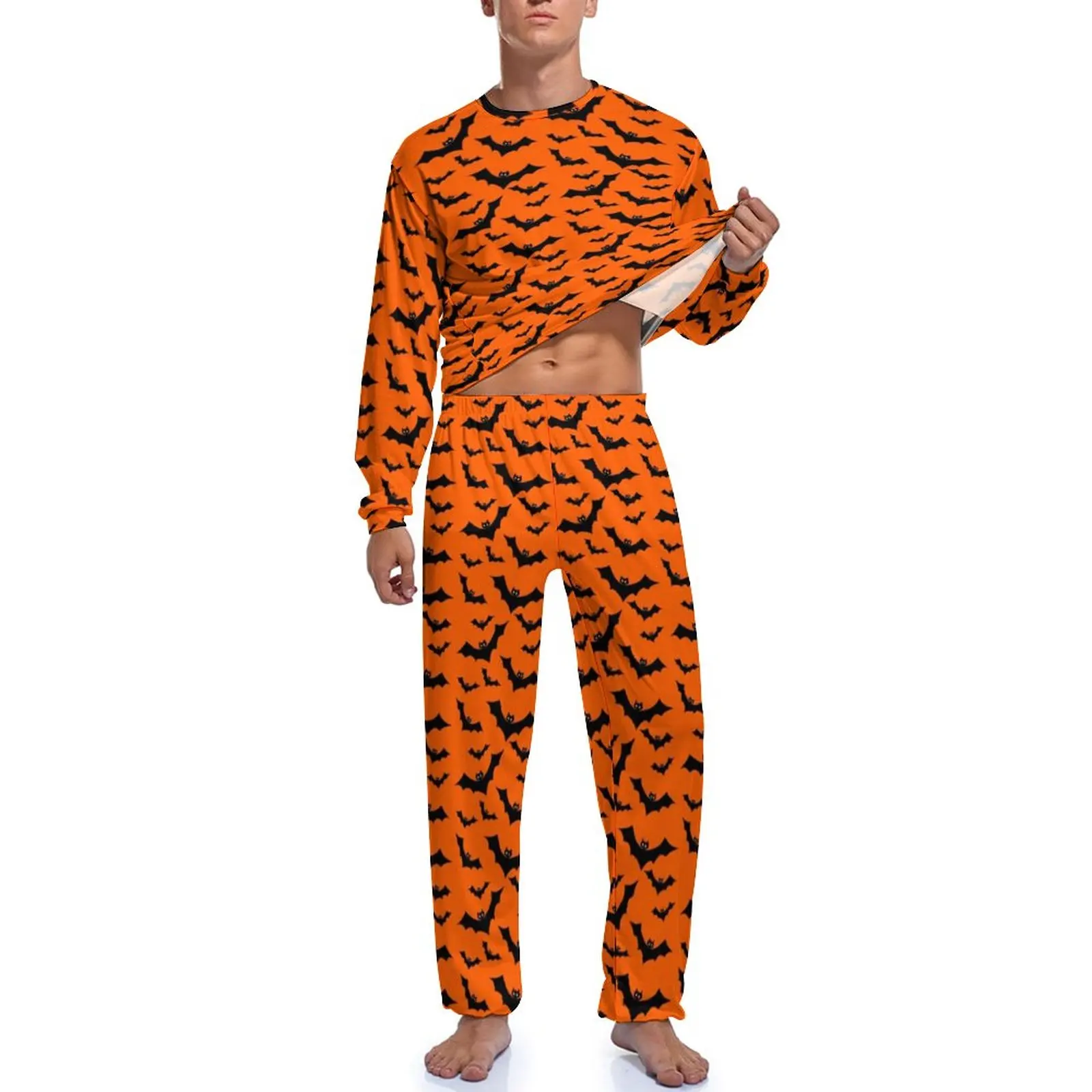 Bats Silhoute Pajamas Male Halloween Animal Print Fashion Nightwear Autumn Long Sleeve 2 Piece Bedroom Graphic Pajama Sets