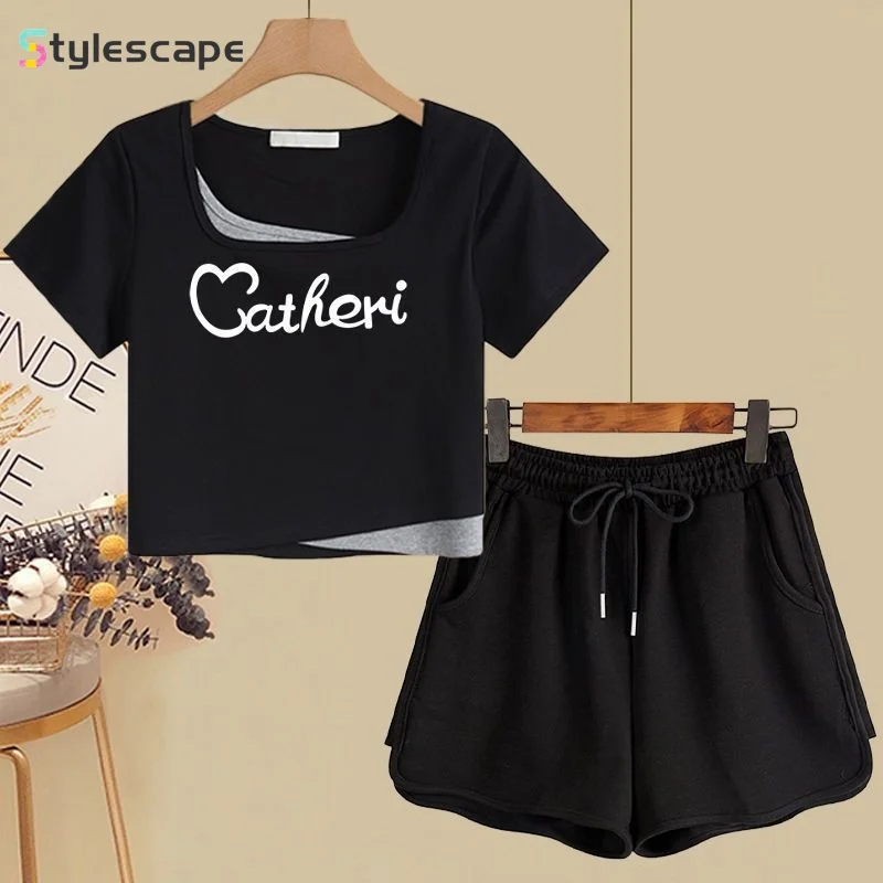 Pure Cotton Fake Two-piece Summer New Two-piece Set for Women's Loose Short Sleeved Shorts, Sporty Casual Slimming Two-piece Set