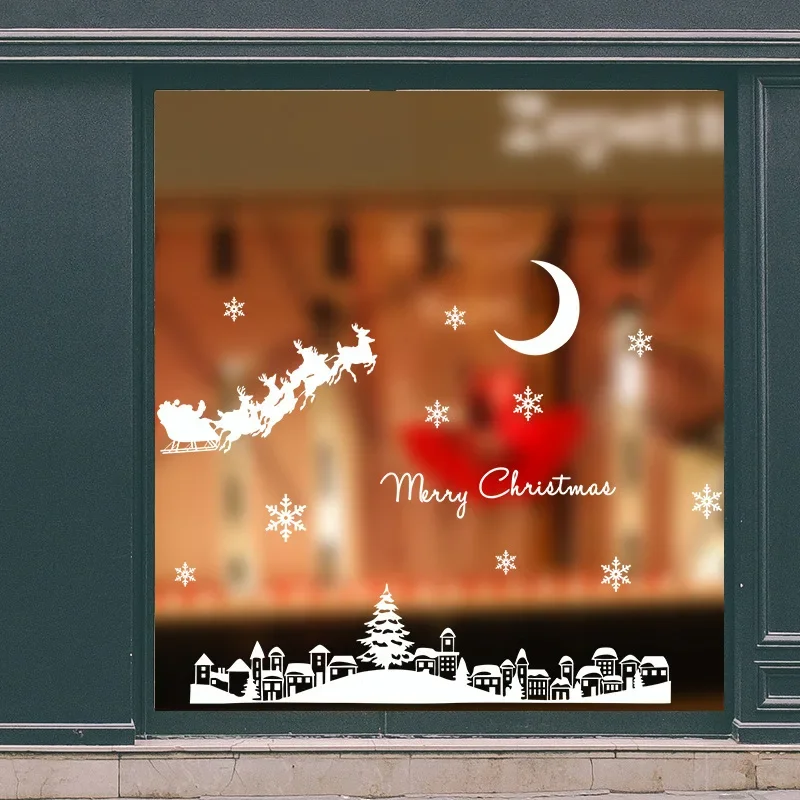 Christmas Elk Snowman Window Stickers Merry Static Mirror Decorations