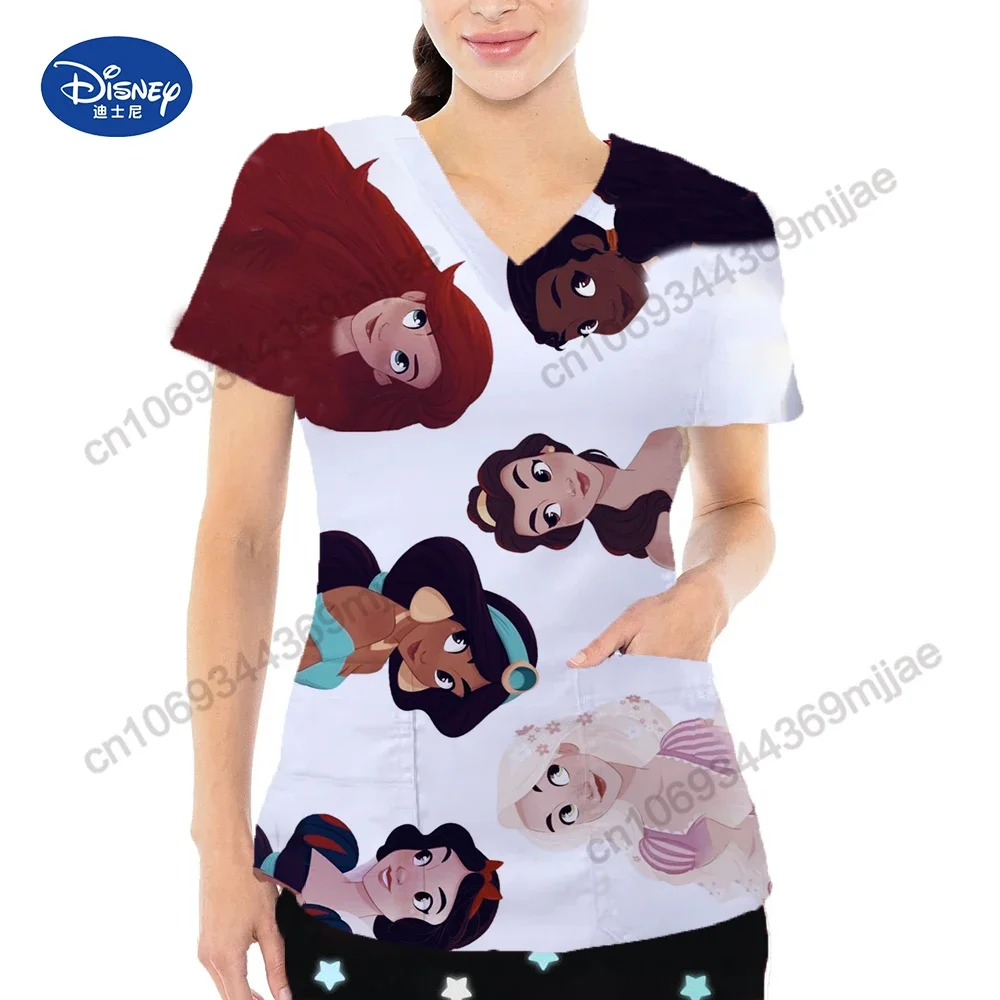 

Fashion Cartoon Women's Clothes V-neck Design Tops Pocket Short Sleeves T-shirts