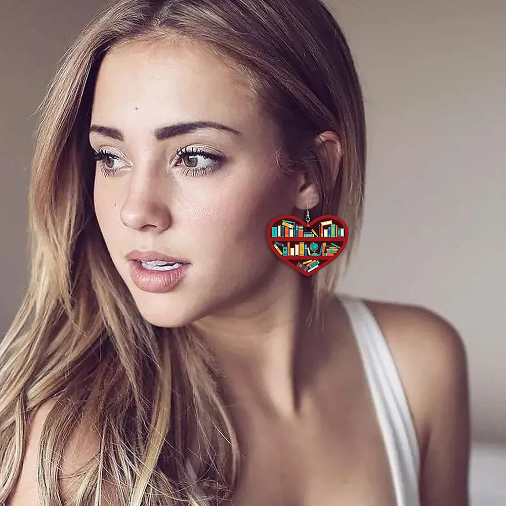 2023 New Fashion Book Lovers Heart Librarian Earring Gift for Girl Lover Heart Librarian Cute Pendant Earrings Acrylic Earrings
