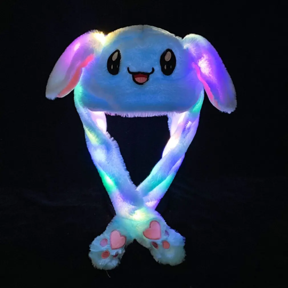 Kawaii Plush LED Glowing Rabbit Ears Hat Lovely Luminous Kids Adult Plush Hand Pinch Cap Moving Ears Hat With Earflap Gifts 1pcs fluorescent hat,neon hat