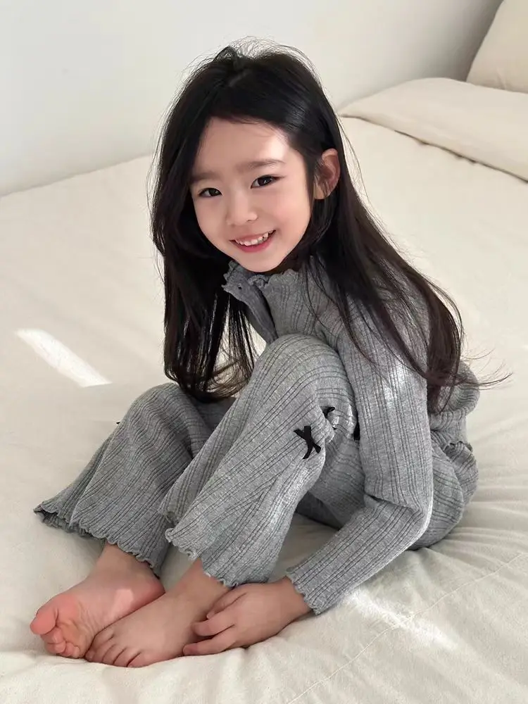 여아용 긴팔 의류 세트,  골지 가디건 코트 및 활 플레어 바지, 세트 어린이 캐주얼 의상, 2024 용수철 신제품, 2 개