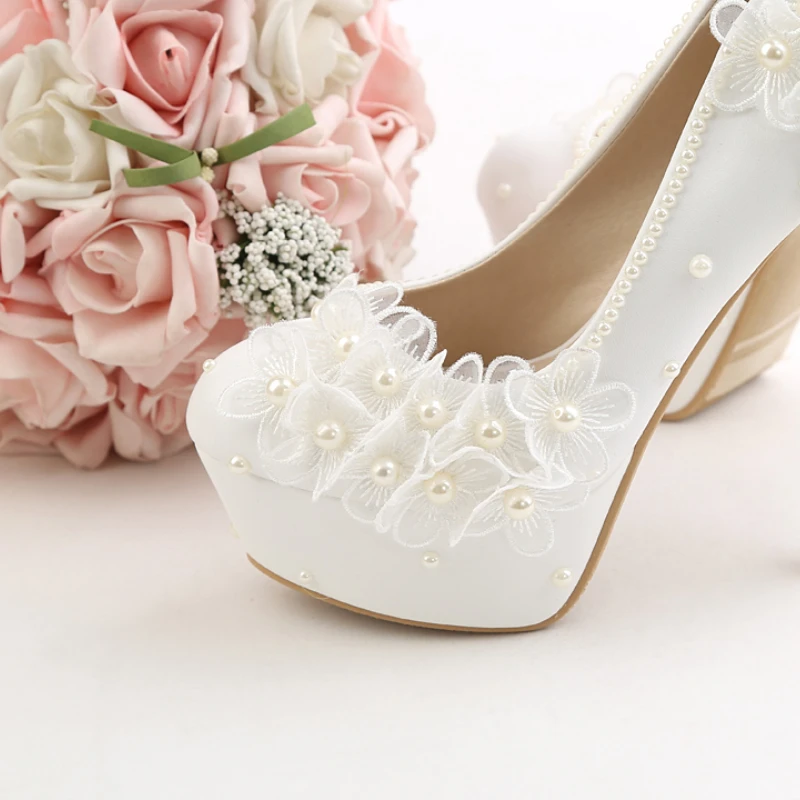 Wedding Shoes New White Pu Leather Lace Flower Bride Dress Pumps Super High Heels Slip-on Round Tole Pearl Tassel Stiletto 14cm