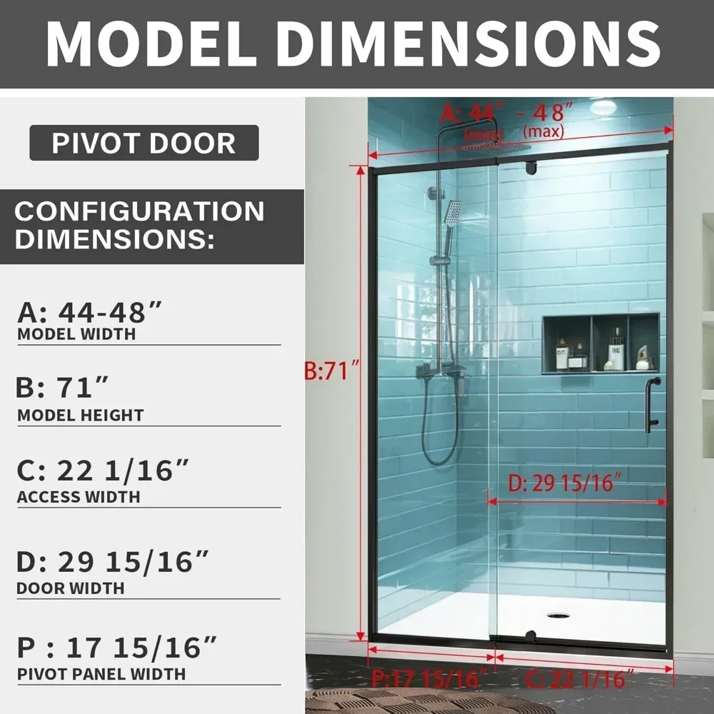 Shower Door, 44-48" W X 71" H, Semi-Frameless Sliding, 1/4" Clear Tempered Glass, Reversible Installat, Swing Glass Shower Door