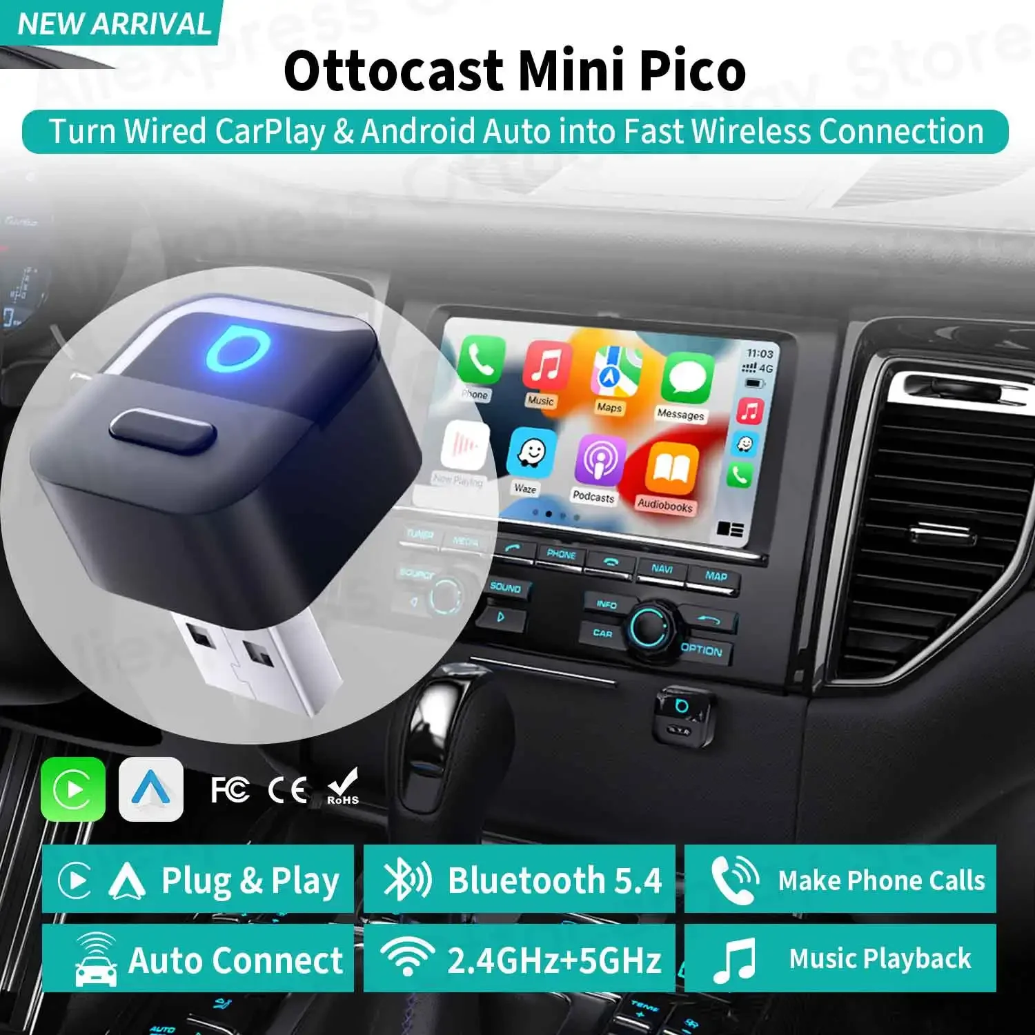 Ottocast Mini Pico Kabelloser CarPlay Android Auto Adapter Cube Dongle Bluetooth Auto-Zubehör für VW MG Kia Toyota Hyundai Audi