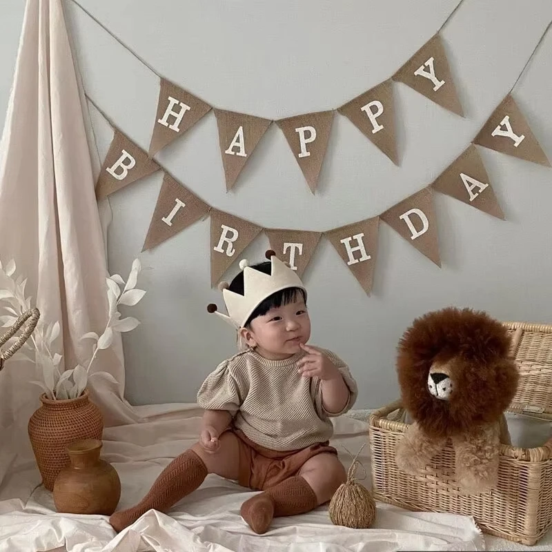 Vintage Jute Hessian Burlap Banner 13 Flags Happy Birthday Party Photography Props Celebration Party Decoration Banner birthday banner party decorations